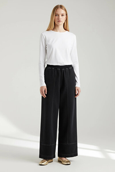 Invee Beli Geniş Paça Lastikli Denim Pantolon - Siyah