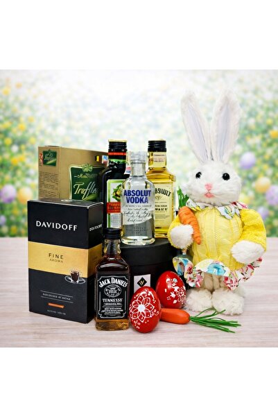 velve Pachet HappyEaster, iepuras decorativ,bauturi spirtoase, Truffes si cafea