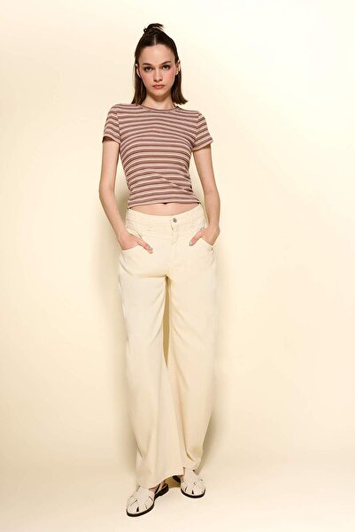 DeFacto Baggy Fit Normal Waist Gabardine Trousers Ecru Women's Trousers F8204...