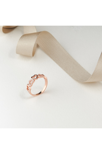 Siset Gümüş 925 Ayar Rose Kaplama Kalpli Zirkon Taşlı Gümüş Yüzük