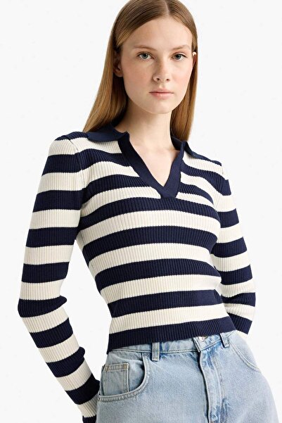 DeFacto slim fit Pulover tricotat cu dungi cu guler polo croială A2060AX25WN