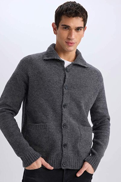 DeFacto Standard Fit Turtleneck Button Pocket Knitwear Cardigan E8396Ax25Cw