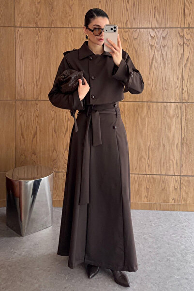 MYA Kadın Ceket-Etek Takım | Vatkalı Gömlek Yaka Düğmeli Ceket Takım | Kuşak ...