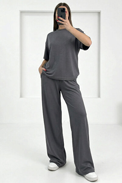 Runades Kadın Kısa Kollu Yazlık İki İplik Penye Geniş Paça Eşofman Takımı