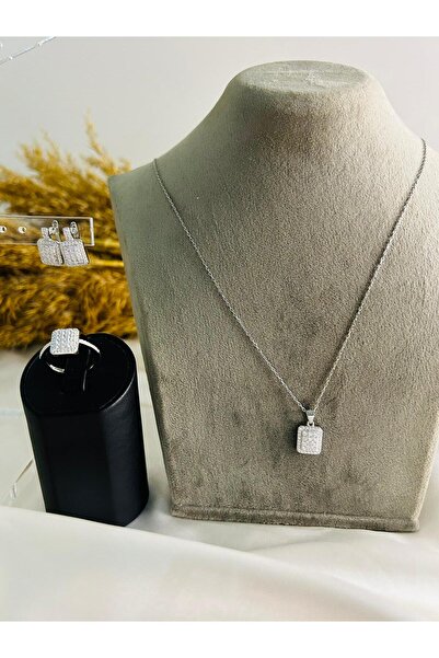 Unbranded/Generic 925 Ayar Gümüş Kadın Üçlü Set - Küpe - Kolye Ucu ve Yüzük S...
