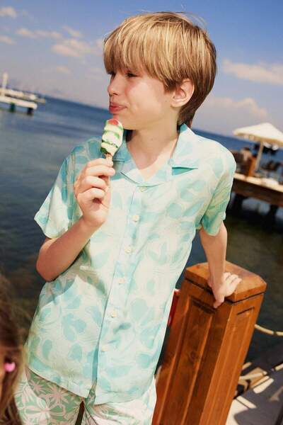 DeFacto Cămașă cu mânecă scurtă din viscoză, cu guler polo, cu model, supradi...