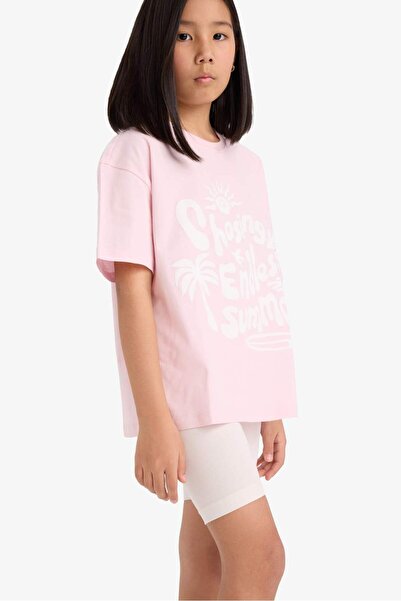 DeFacto Oversize Geniş Kalıp Bisiklet Yaka Baskılı Kısa Kollu Tişört Kız Çocu...