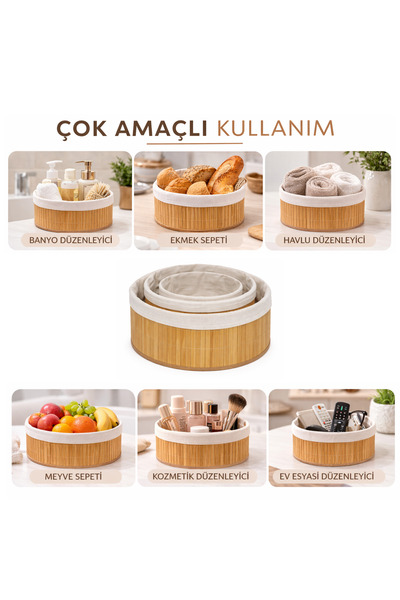 sengenegel 3'lü Bambu yuvarlak Sepet - Çok Amaçlı Saklama Kutusu - Banyo Kozm...