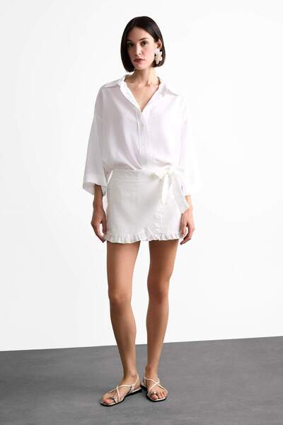 DeFacto Tie-Up White Mini Shorts Skirt F8337Ax25Sm