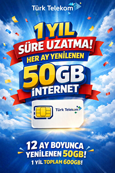 TRCharger Sim Kart Hattı 1 Yıl Süre Uzatma – Aylık 50GB İnternet – 12 Ay 600G...