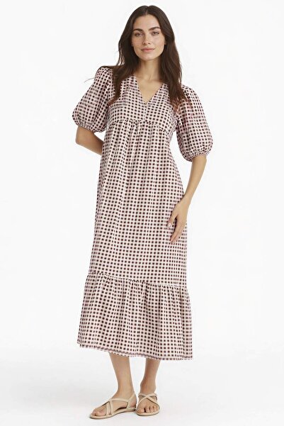 DeFacto V-Neck Checked Seersucker Textured Short Sleeve Midi Dress F5806Ax25Sm