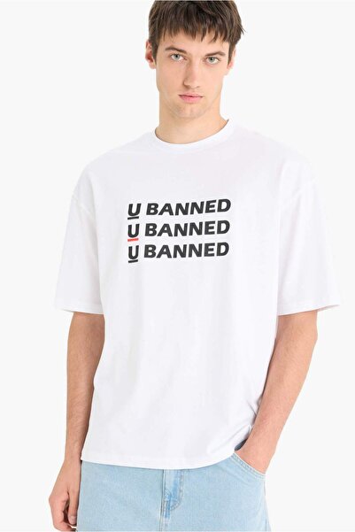 DeFacto 100% pamuk Široka majica okrugla kragna Štampano kratkih rukava F5705...