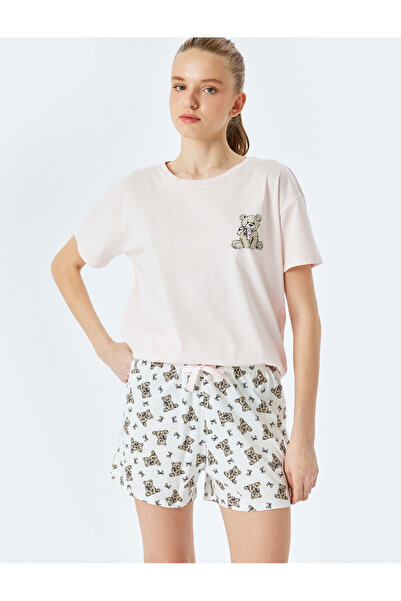 Koton Set de pijamale pentru femei din bumbac imprimat ursuleț cu pantaloni s...