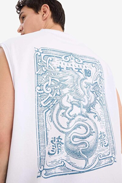 DeFacto 100% Cotton Boxy Fit Crew Neck Back Printed Tank Top E3221Ax25Hs