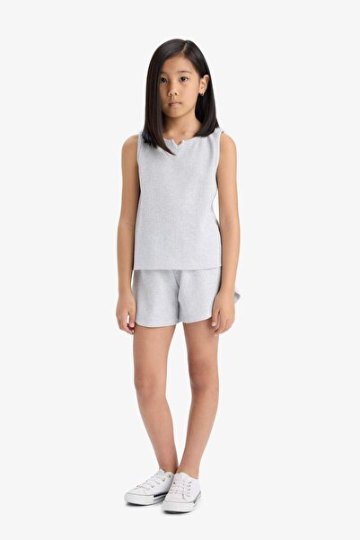 DeFacto 2li Takım Waffle Kolsuz Üst Beli Lastikli Şort Alt Kız Çocuk F5184A825SM