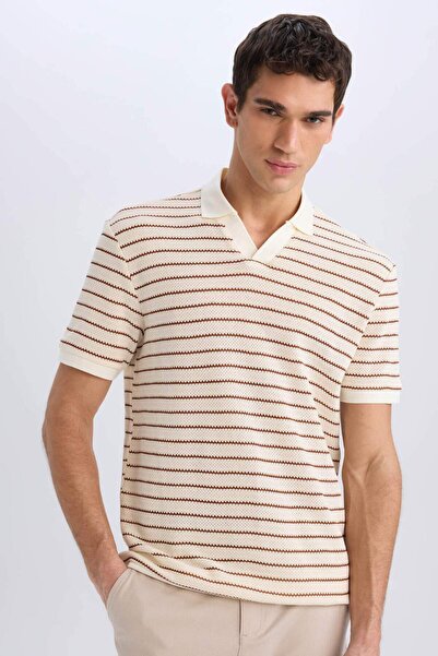 DeFacto Regular Fit Polo-Kragen gestreiftes Strick-Kurzarm-T-Shirt C4150AX25SM