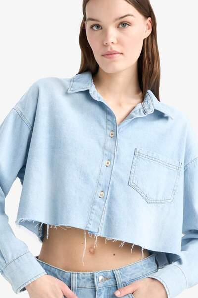 DeFacto 100% Cotton Cropped Pad Fitted Cut-Off Soft Jean Shirt D8756Ax25Sp