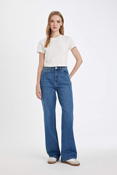 DeFacto Straight wide high waist straight leg long jean washed pants d5045ax24cw