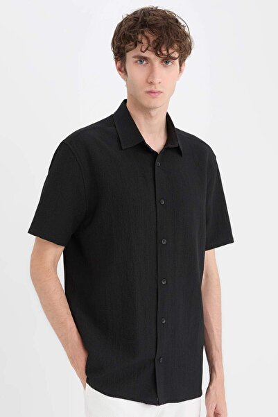 DeFacto Καλοκαιρινό κοντομάνικο μαύρο πουκάμισο με κανονική εφαρμογή με γιακά...