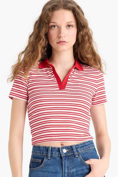 DeFacto Fitted Polo Yaka Çizgili Fitilli Kaşkorse Kısa Kollu Tişört E7907AX25SM