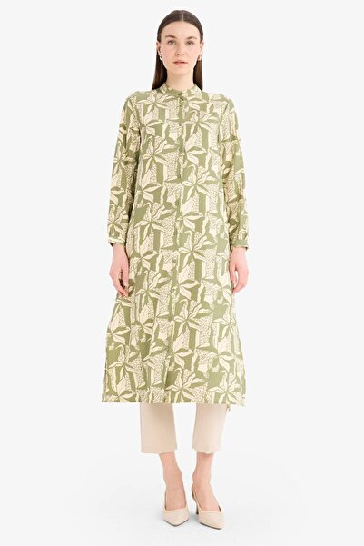 DeFacto Regular Fit Patterned Stand Collar Long Sleeve Above Knee Length Tuni...