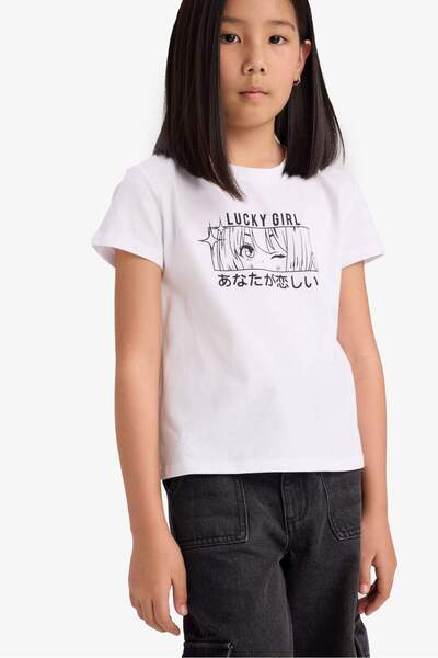 DeFacto Μπλουζάκι με στάμπα με λαιμόκοψη ποδηλάτου και κοντό μανίκι για κορίτ...