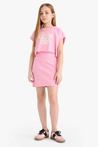 DeFacto طقم من قطعتين تي شيرت برقبة دائرية قماش مجدّل حياكة مضلعة ملابس بنات ...