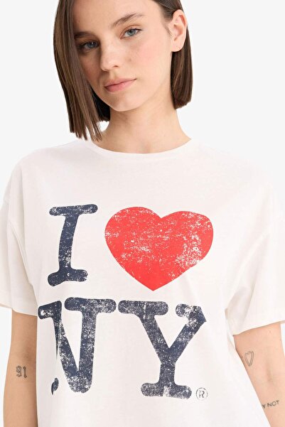 DeFacto I Love NY oversized Μπλουζάκι με φαρδιά γραμμή και λαιμόκοψη με τύπωμ...