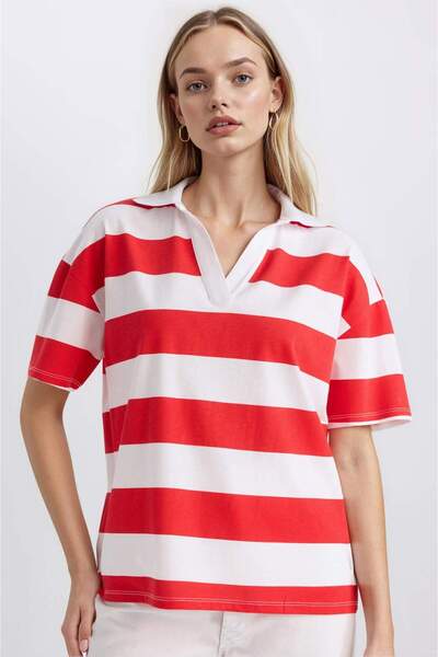 DeFacto Μπλουζάκι με κοντό μανίκι από χτενισμένο βαμβάκι με ριγέ λαιμόκοψη Re...