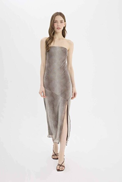 DeFacto A-Line Strapless Leopard Printed Pcs Slit Tulle Slit Maxi Evening Dre...