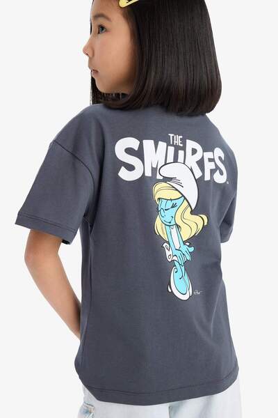 DeFacto Смърфовете Relax Fit велосипедна блуза с къс ръкав и печат на гърба з...