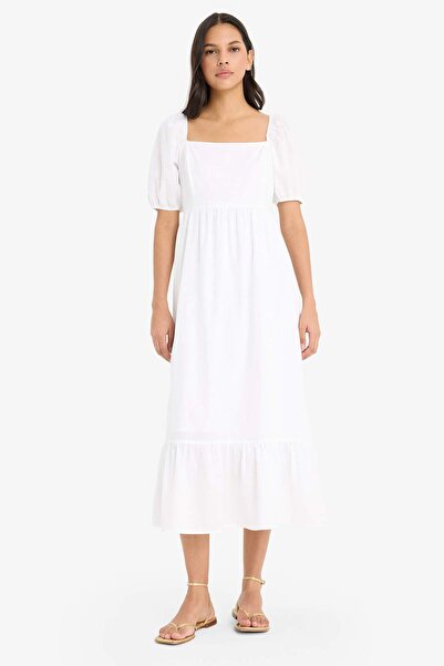 DeFacto Короткий рукав, поплін, квадратний виріз, біле літнє плаття F3108AX25SM