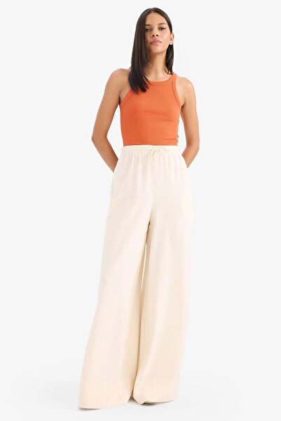 DeFacto Wide Leg Linen Blend Fabric Palazzo Pants High Waist Wide Leg E0127Ax...