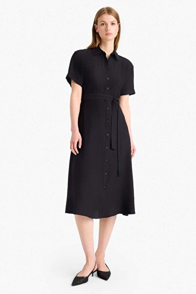 DeFacto Kurzärmliges rotes Midi-Sommerkleid mit Hemdkragen und Gürtel F2113AX...