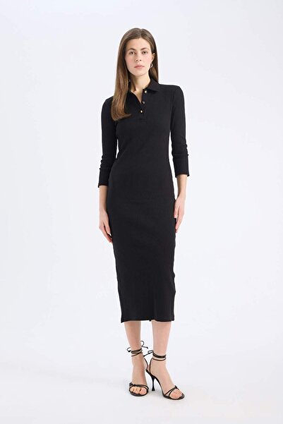 DeFacto Figurbetontes, figurbetontes Midi-Kleid mit Polo-Ausschnitt und gerip...