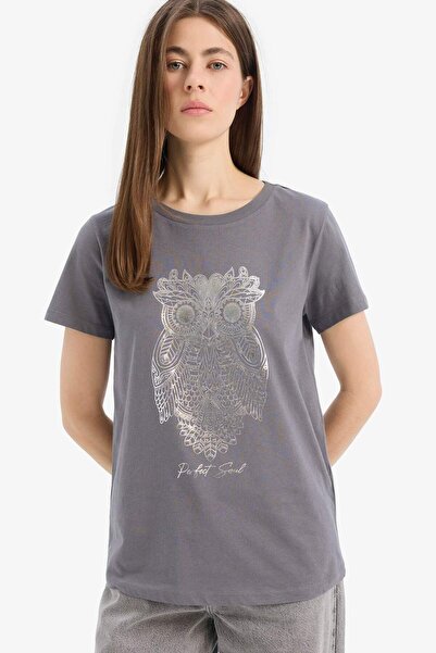 DeFacto Regular Fıt Bisiklet Yaka Baykuş Desenli Penye Kısa Kollu Tişört E513...