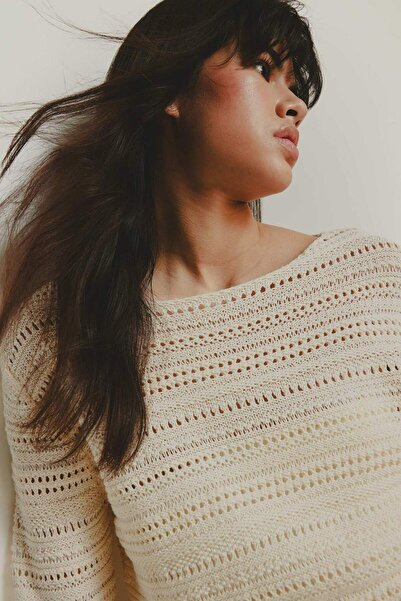 DeFacto Pulover tricotat ajurat, 100% bumbac, cu gât barcă, mărime mare E6254...