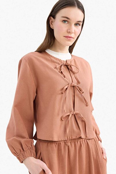 DeFacto Relax Fit Vorderband-Leinen Langarm Hijab Bluse E5352AX25SP