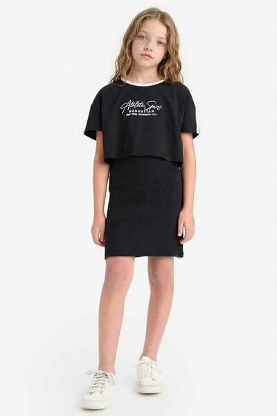 DeFacto Σετ 2τμχ κοτλέ πλέξη ριμπ Φόρεμα με τύπωμα κοντομάνικο μπλουζάκι για ...