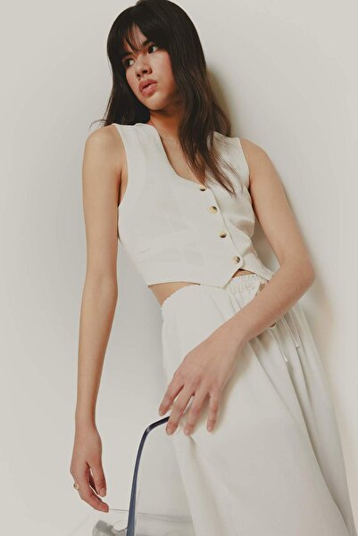 DeFacto V-Neck Linen Blended White Blazer Vest E9757Ax25Sp