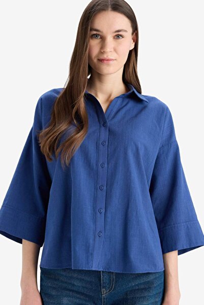 DeFacto Сорочка з коротким рукавом із суміші льону та бавовни, прямий крій E8...