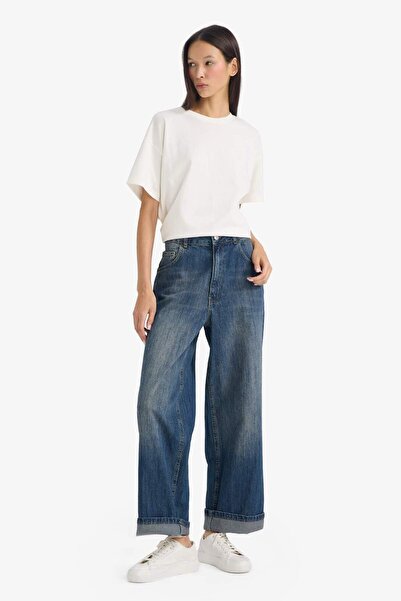 DeFacto 100% Βαμβάκι Baggy Fit Ψηλόμεσο τζιν παντελόνι με διπλωμένο πόδι E317...