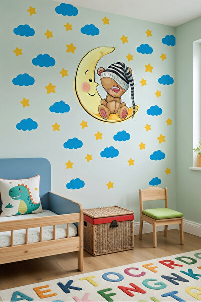 KT Decor Spavajući medvedić, plavi oblaci i zlatne zvezde, set zidnih naljepn...