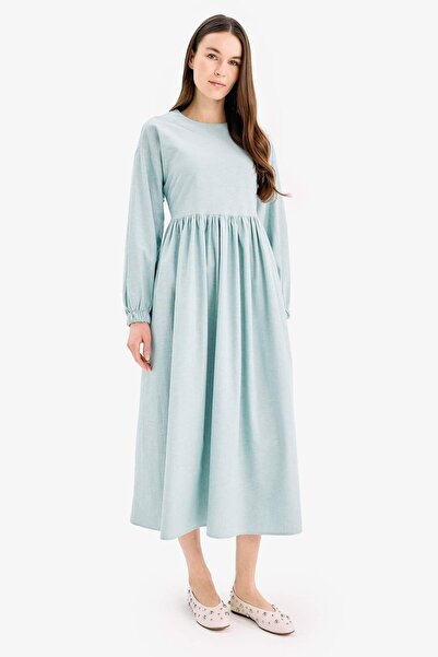 DeFacto Макси рокля с дълъг ръкав и кръгло деколте от ленена смес E4565AX25SP