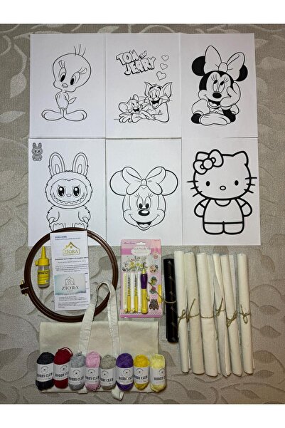 ZİORA HOME BEZ ÇANTA HEDİYELİ, ÇİZGİ FİLM KARAKTER ŞABLONLU PUNCH İŞLEME SETİ
