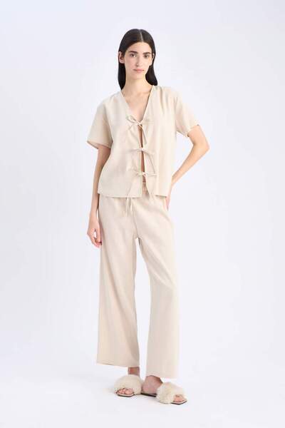 DeFacto Pajama Set Linen Short Sleeve Top Elastic Waist Bottom E3571Ax25Sp