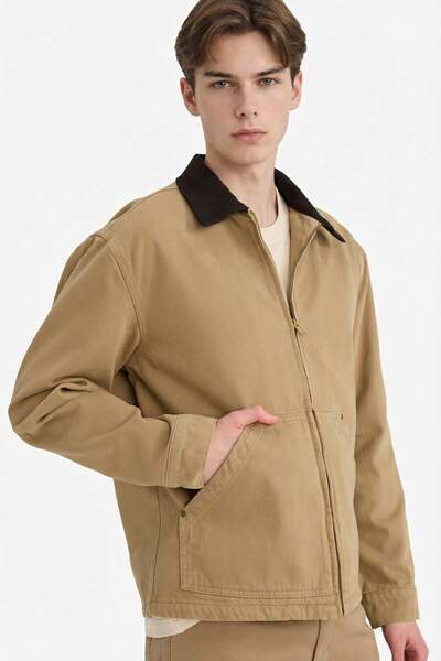 DeFacto Cotton Regular Fit Contrast Collar Zip-Up Jacket Coat E8839Ax24Wn
