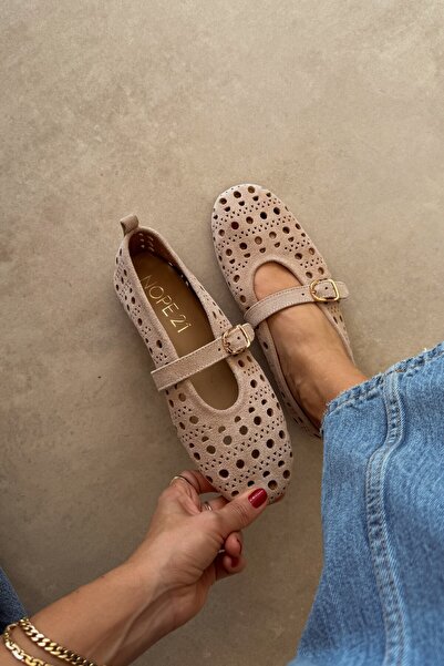 nope21shoess ياسمين بيج - حذاء باليرينا من الجلد الطبيعي