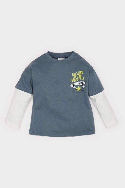 DeFacto Tricou cu mânecă lungă cu imprimeu Skateboard și gât rotund pentru bă...