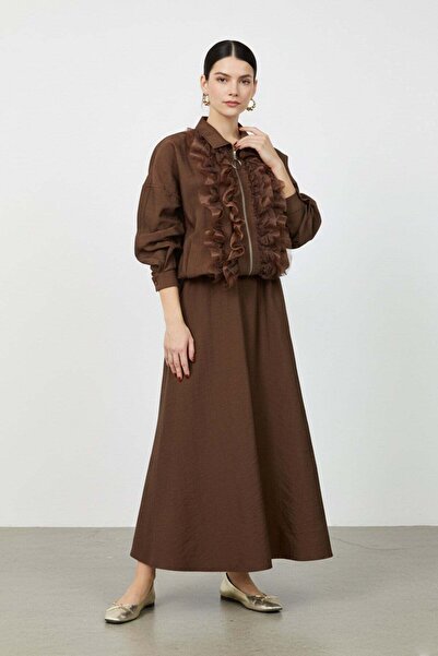 Loreen Women's Ruffle and Lace Detailed Zippered Jacket Set - 20707Tkm - Brown